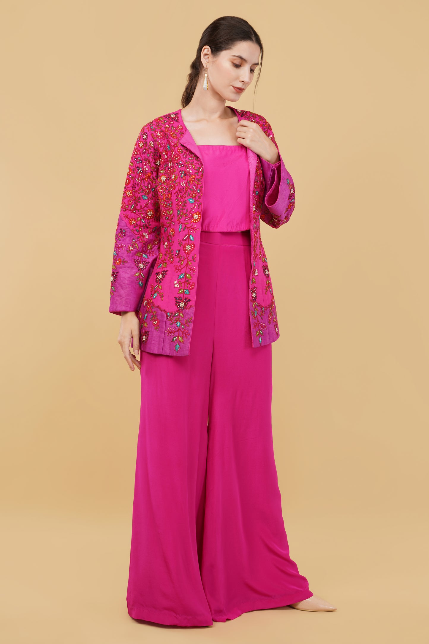 Embroidered Magenta Plazo Set with Bustier and Heavy Colorful Thread, Moti And Dabka Jacket