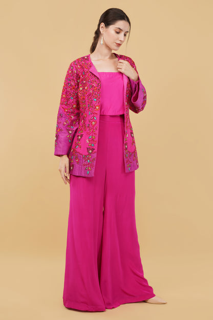 Embroidered Magenta Plazo Set with Bustier and Heavy Colorful Thread, Moti And Dabka Jacket