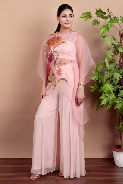 Pastel Pink Indo-Western Palazzo Set with Floral Organza Top