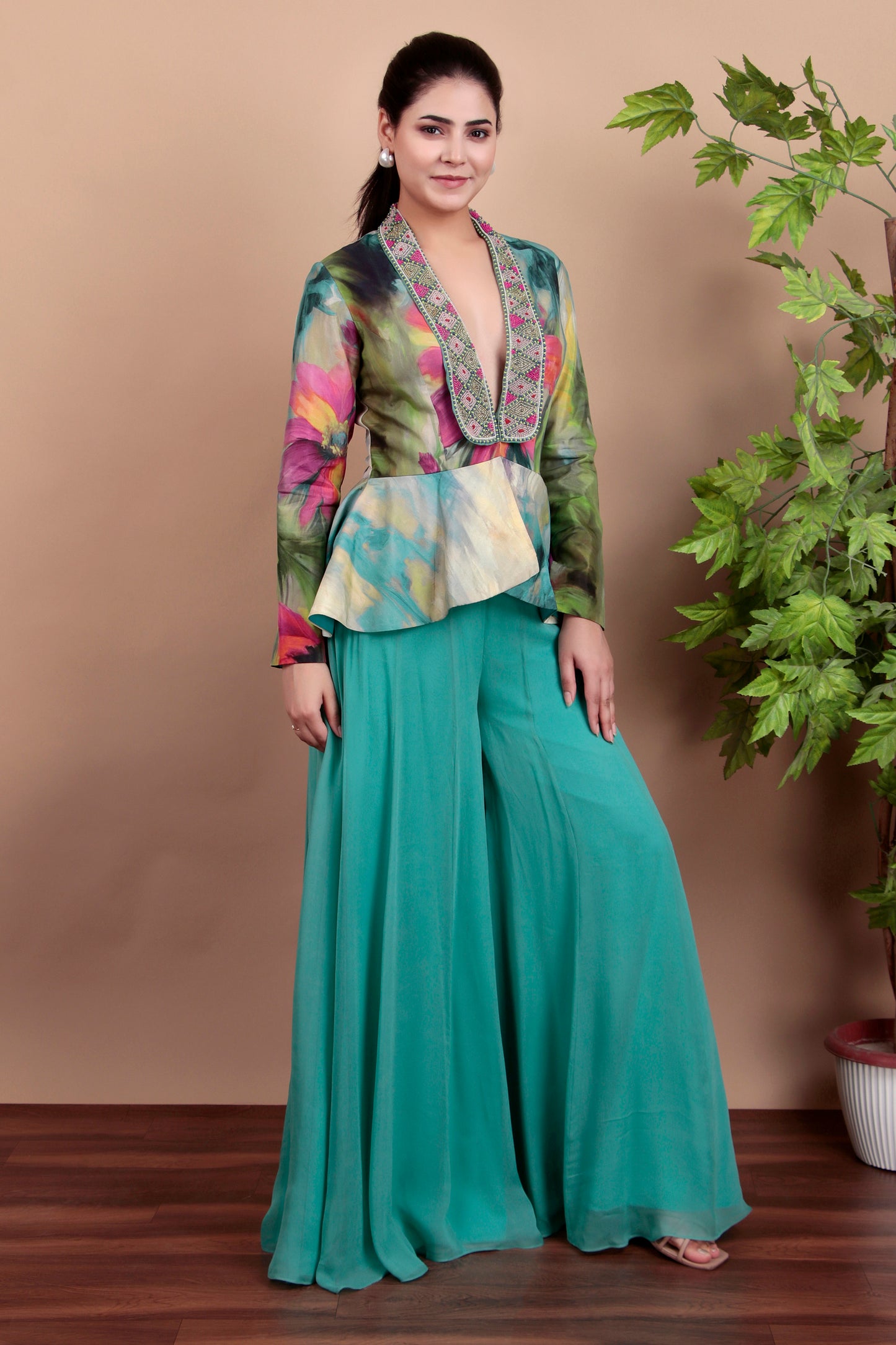 Floral Peplum Top With Embroidered Collar And Aqua Palazzo Pants