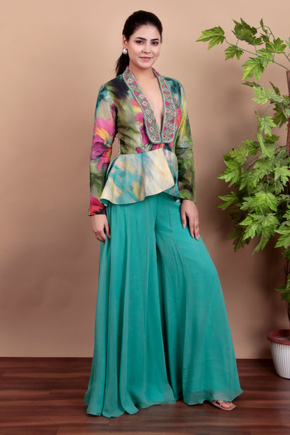 Floral Peplum Top With Embroidered Collar And Aqua Palazzo Pants