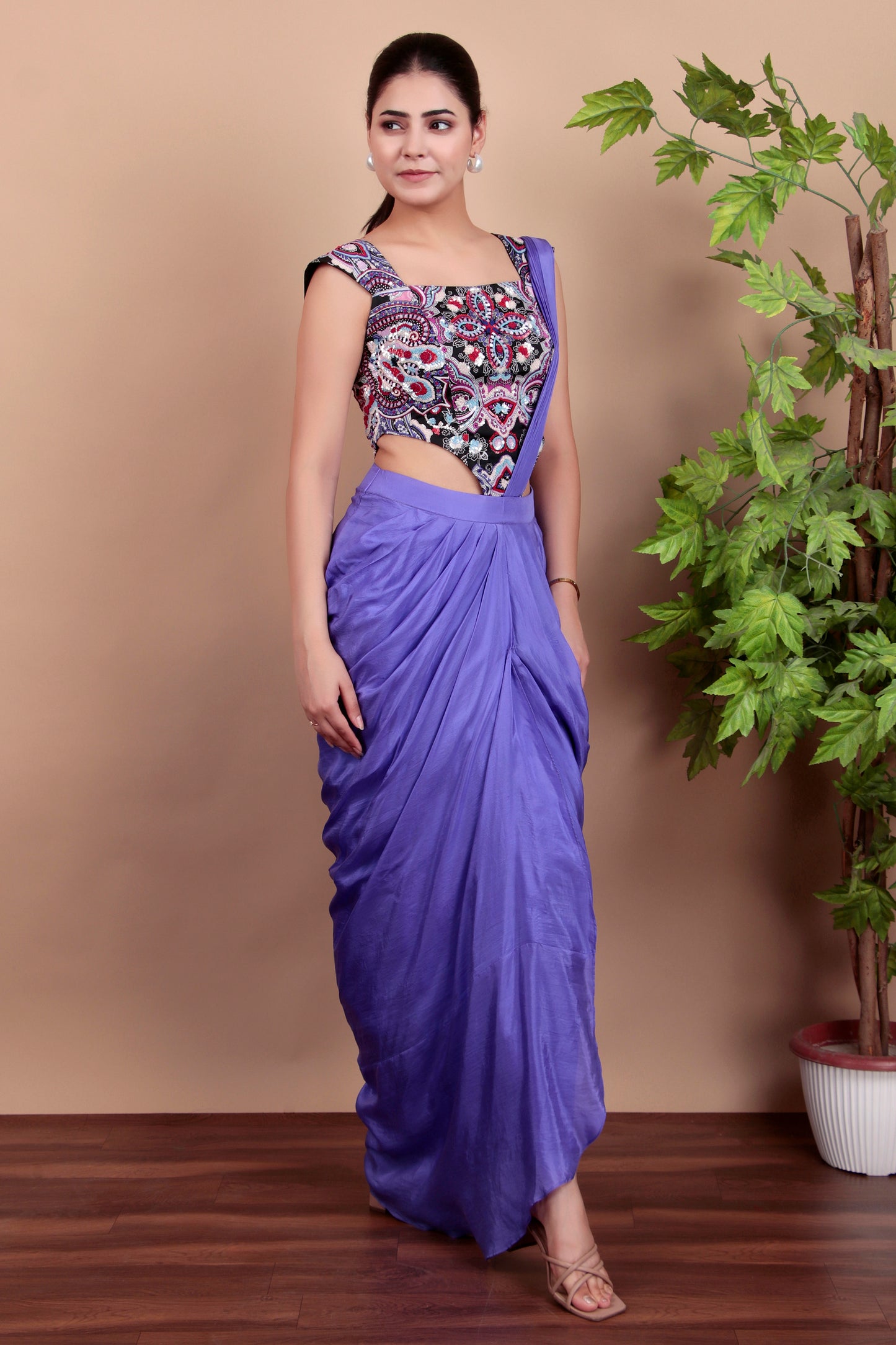 Luxury Draped Saree Ensemble with Hand-Embroidered Multicolor Blouse