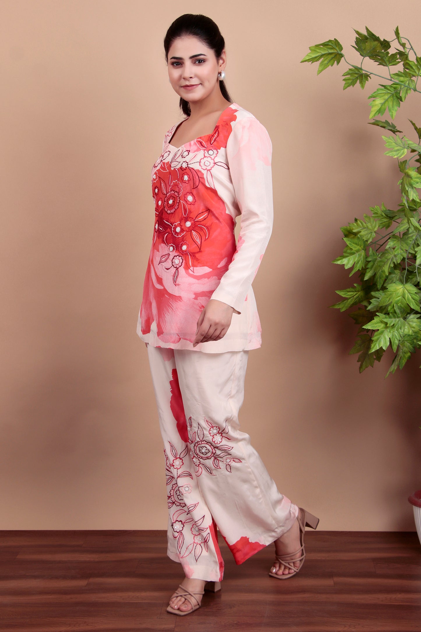 Pink Floral Co-ord Set With Thread And Pearl Embroidery