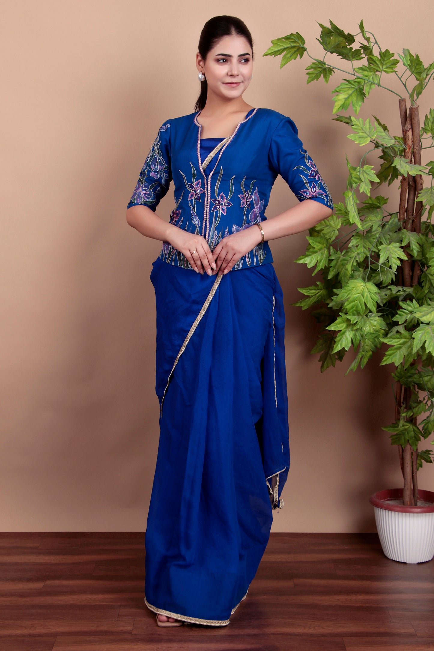 Festive Royal Blue Ensemble with Artistic Floral Jacket and Sequin Work