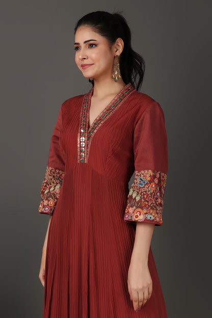 Rust Embroidered A Line Kurta Featuring Pintucks And Richly Decorated 3/4 Sleeves