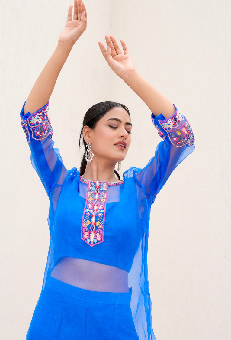 Royal Blue 3 Pc Set With Organza Kurta