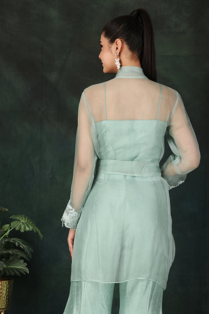 Aqua Party Wear 3 Piece Set with Pearl-Embellished Coat Bustier Top And Dori Palazzo