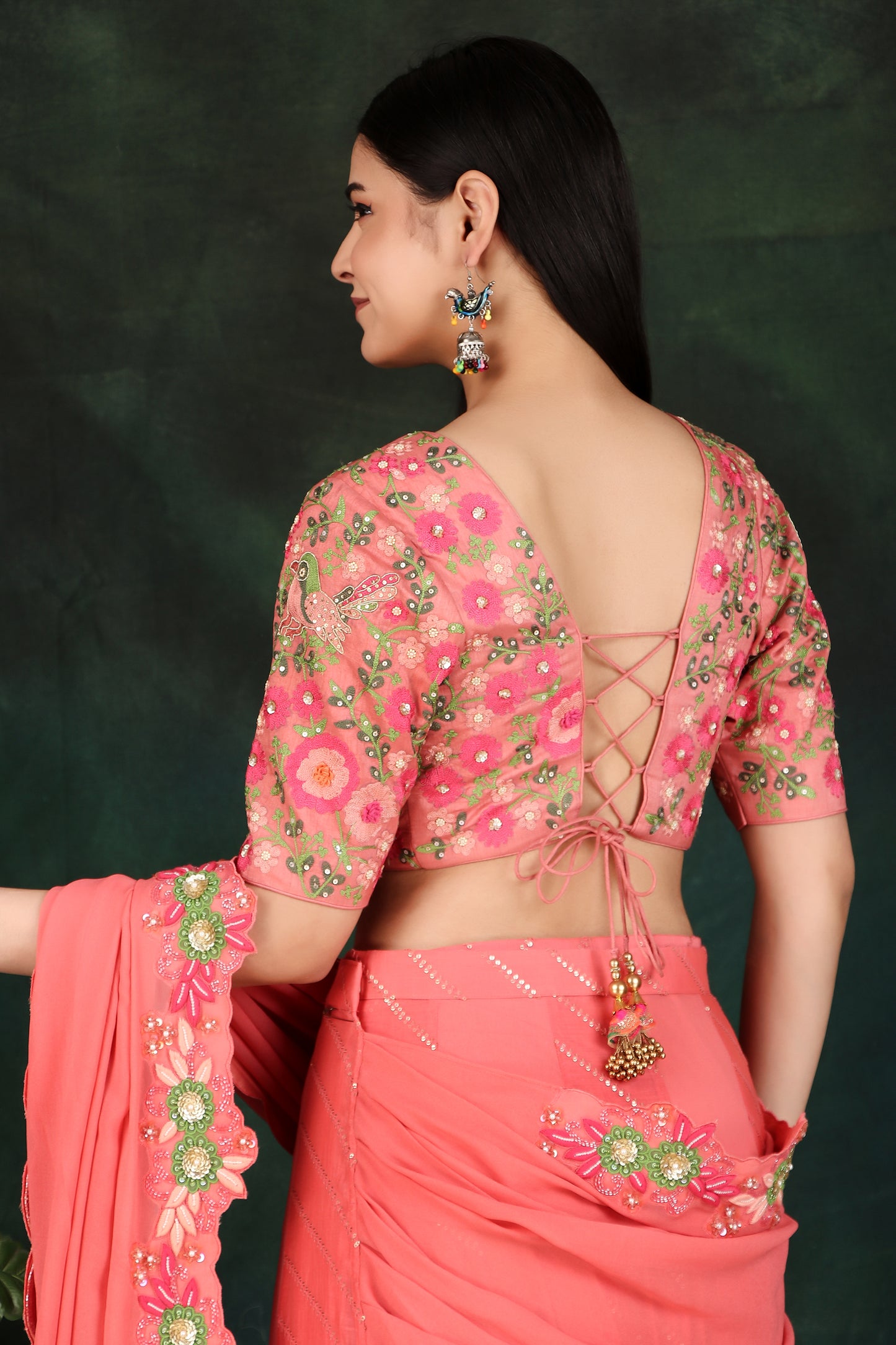 Dark Peach Lehenga Saree with Draped Pallu & Elephant Motif Border Blouse Set