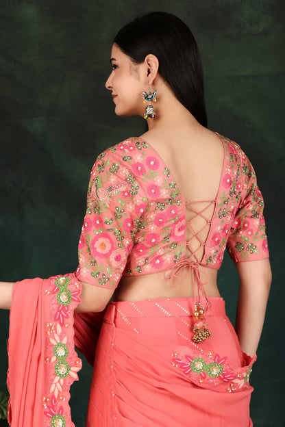 Dark Peach Lehenga Saree with Draped Pallu & Elephant Motif Border Blouse Set