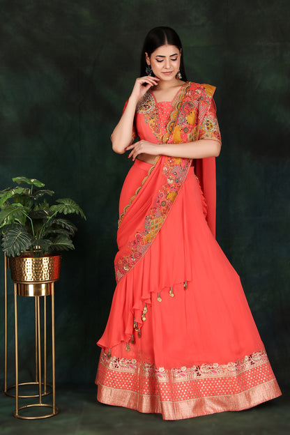 Carrot Lehenga Saree with Attached Drape Pallu and Layered Skirt