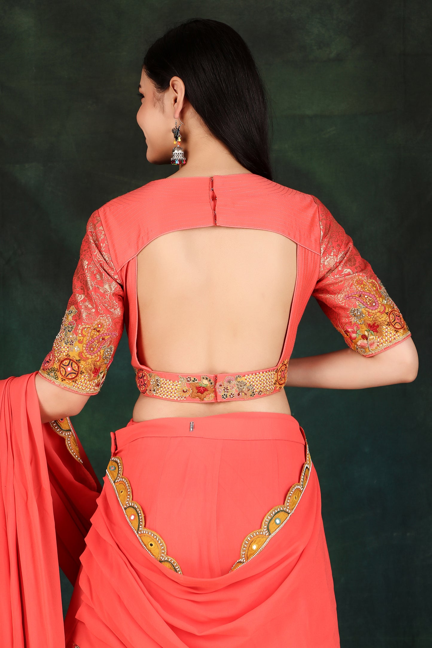 Carrot Lehenga Saree with Attached Drape Pallu and Layered Skirt