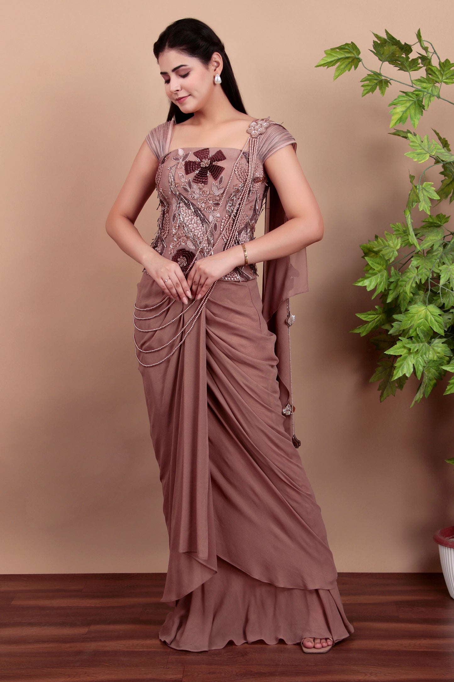 Mouse Grey Draped Saree with Floral-Geometric Hand-Embroidered Blouse and Pearl-Accented Drape
