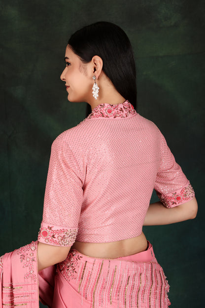 Peach Lehenga Saree with Embroidered Collar Blouse and Handwork Silk Pallu