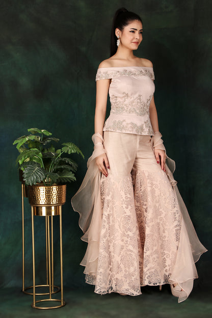 Designer Onion Pink Off-Shoulder Handcrafted Peplum Set with Organza Palazzo and Dupatta