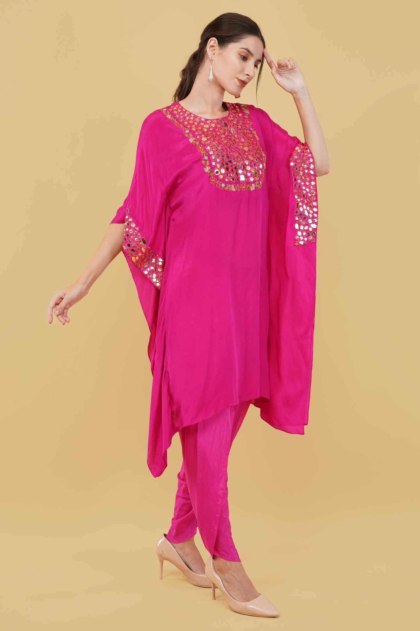 Magenta Kaftan Set with Heavy Mirror And Thread Work Neckline