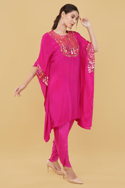 Magenta Kaftan Set with Heavy Mirror And Thread Work Neckline