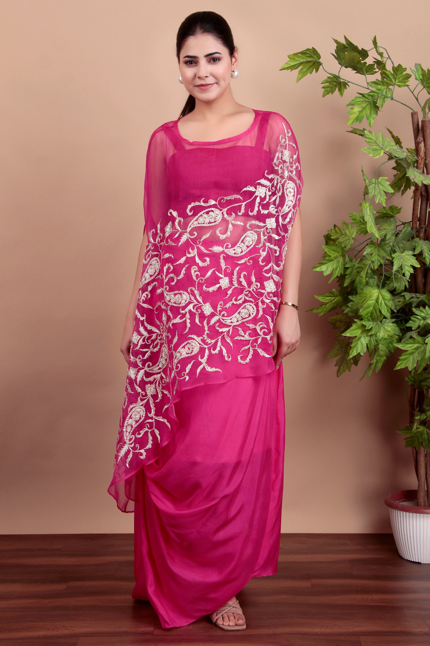 Magenta Indo-Western Drape Dhoti Set with Handworked Organza Cape