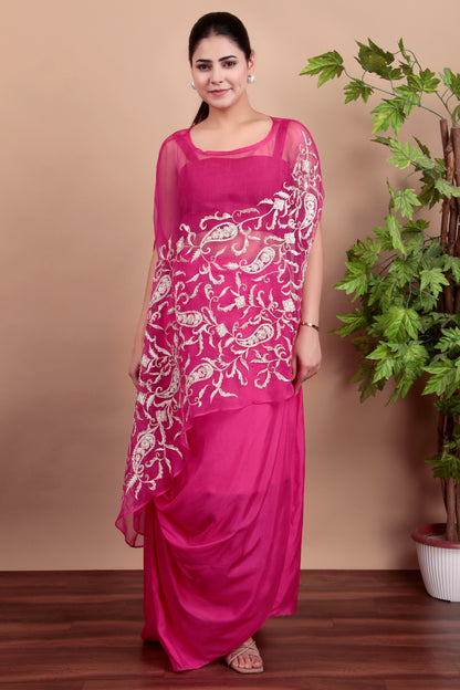 Magenta Indo-Western Drape Dhoti Set with Handworked Organza Cape