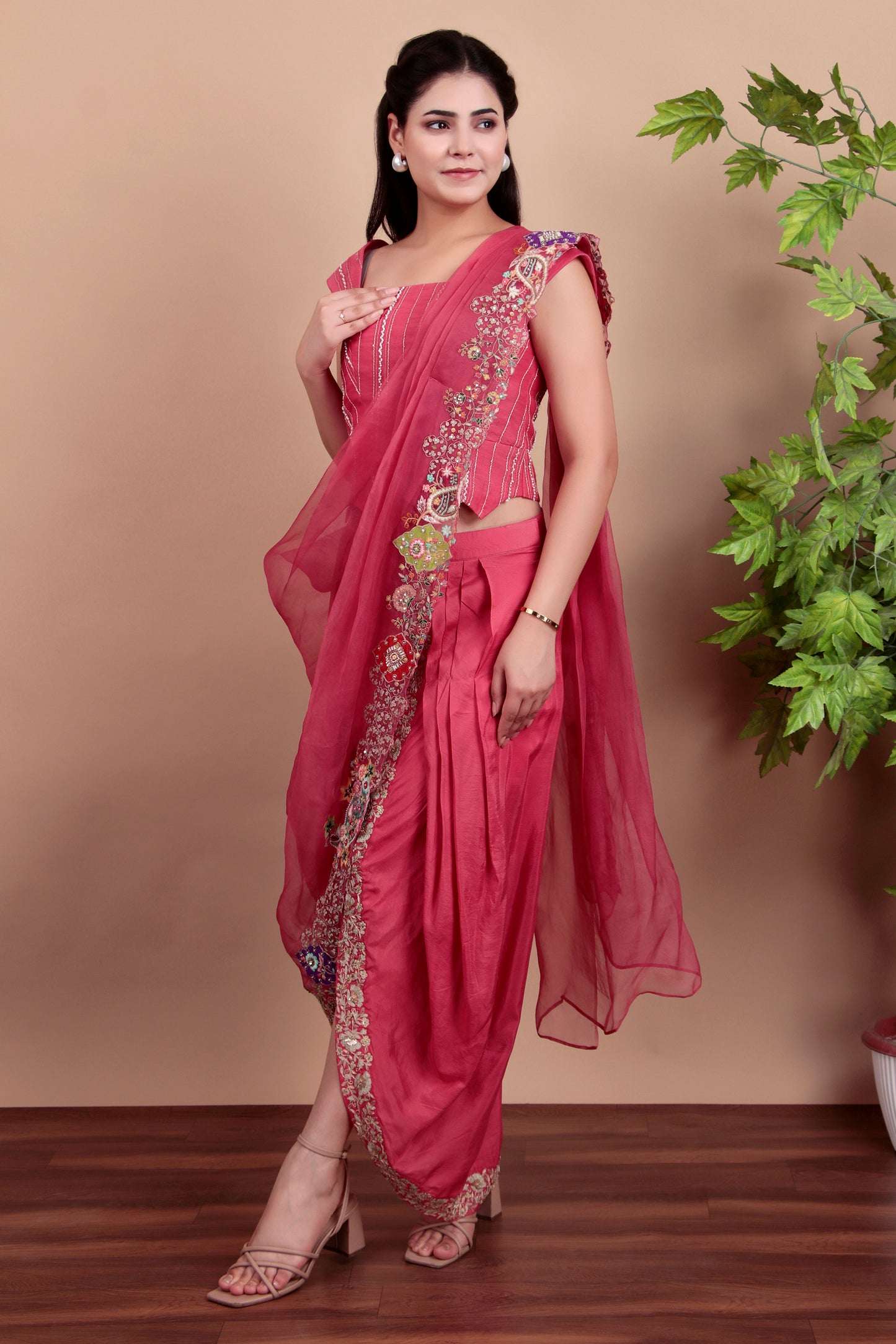 Pink Indo-Western Embroidered Blouse Set with Zari Dhoti Skirt and Organza Dupatta