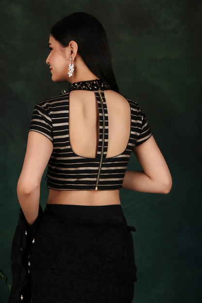 Black Box Pleat Saree With Fancy Cutdana Sequin And Metal Work Stripe Blouse