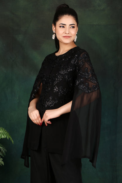 Black Sequin Corset Set with Slit Sleeves for Party And Cocktail Wear