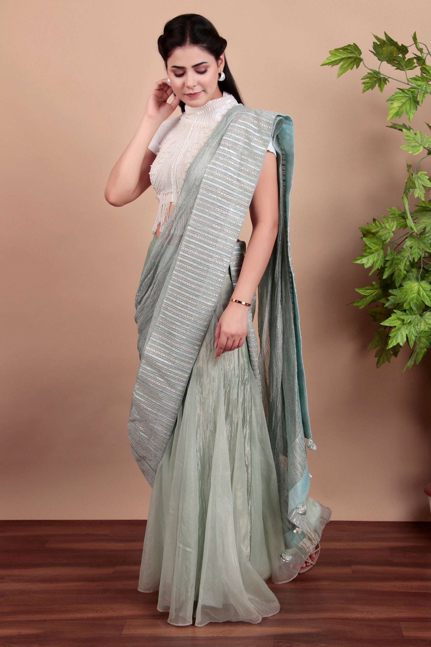 Pastel Green Fusion Plazo Saree with Hand-Embroidered Pallu and Bead-Work Blouse
