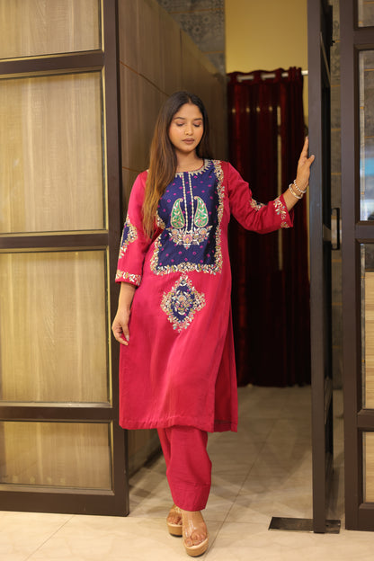 Wine Luxury Banjhej Suit Set with Bottoms