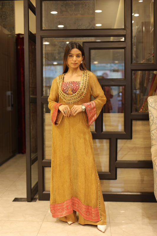 Designer Golden Tissue Indo-Western Set with Coin Lace Work