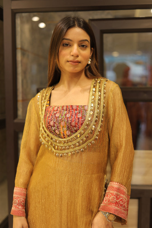 Designer Golden Tissue Indo-Western Set with Coin Lace Work