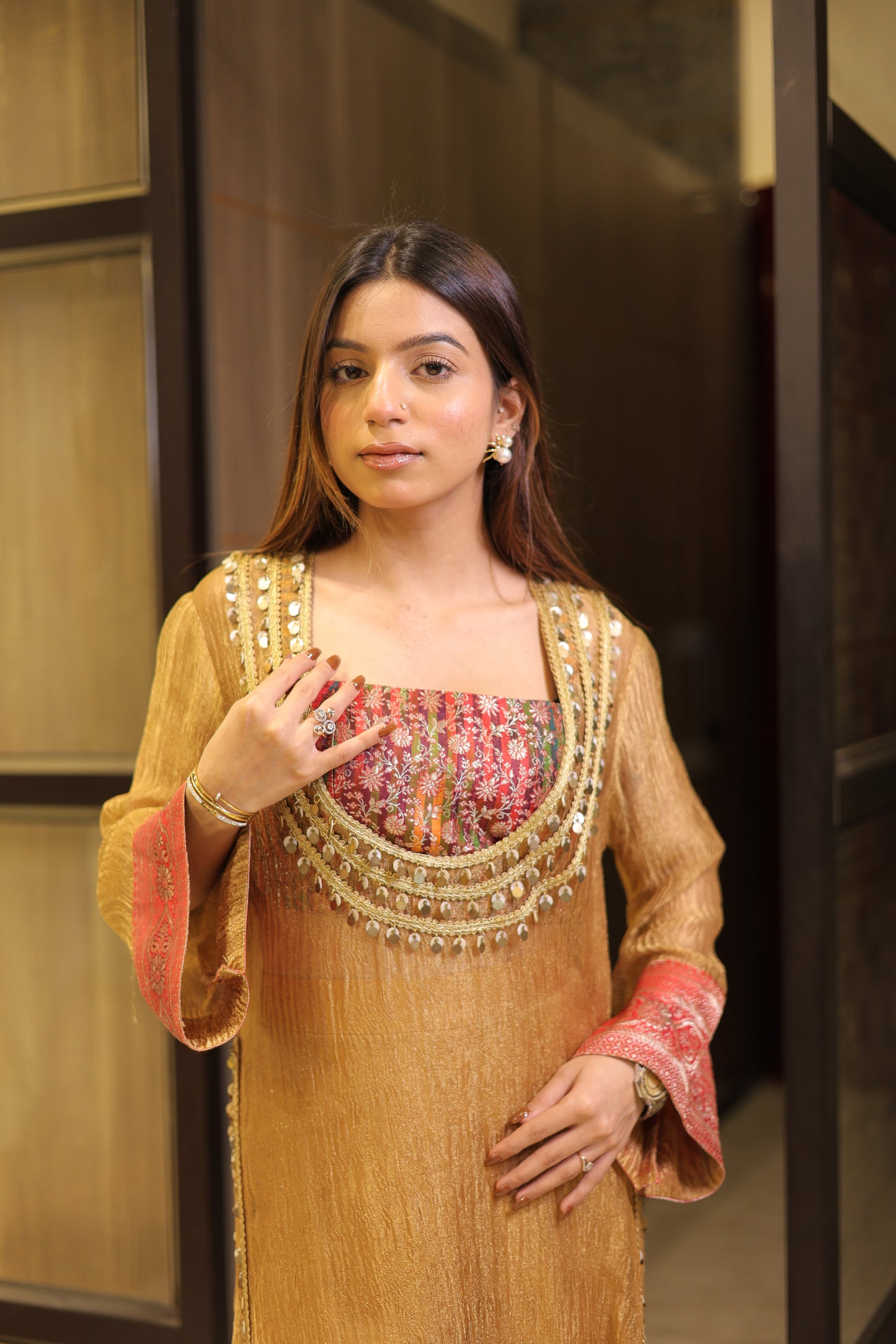 Designer Golden Tissue Indo-Western Set with Coin Lace Work
