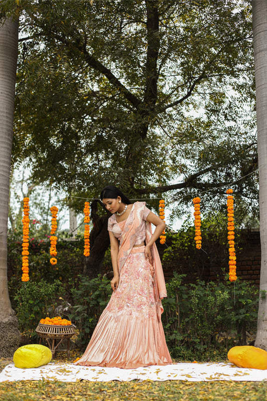 Peach Satin Silk Lehenga Saree With Sequins And Cutdana Embellishments