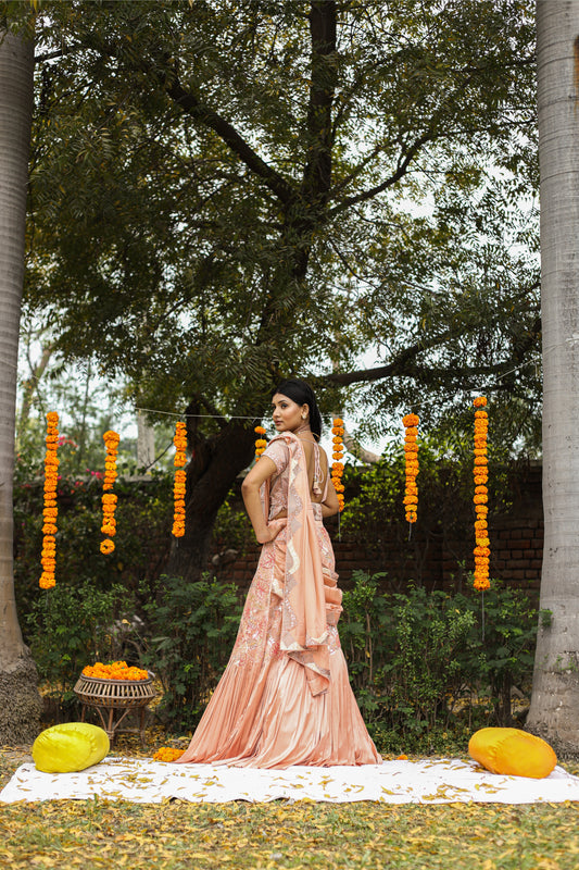 Peach Satin Silk Lehenga Saree With Sequins And Cutdana Embellishments