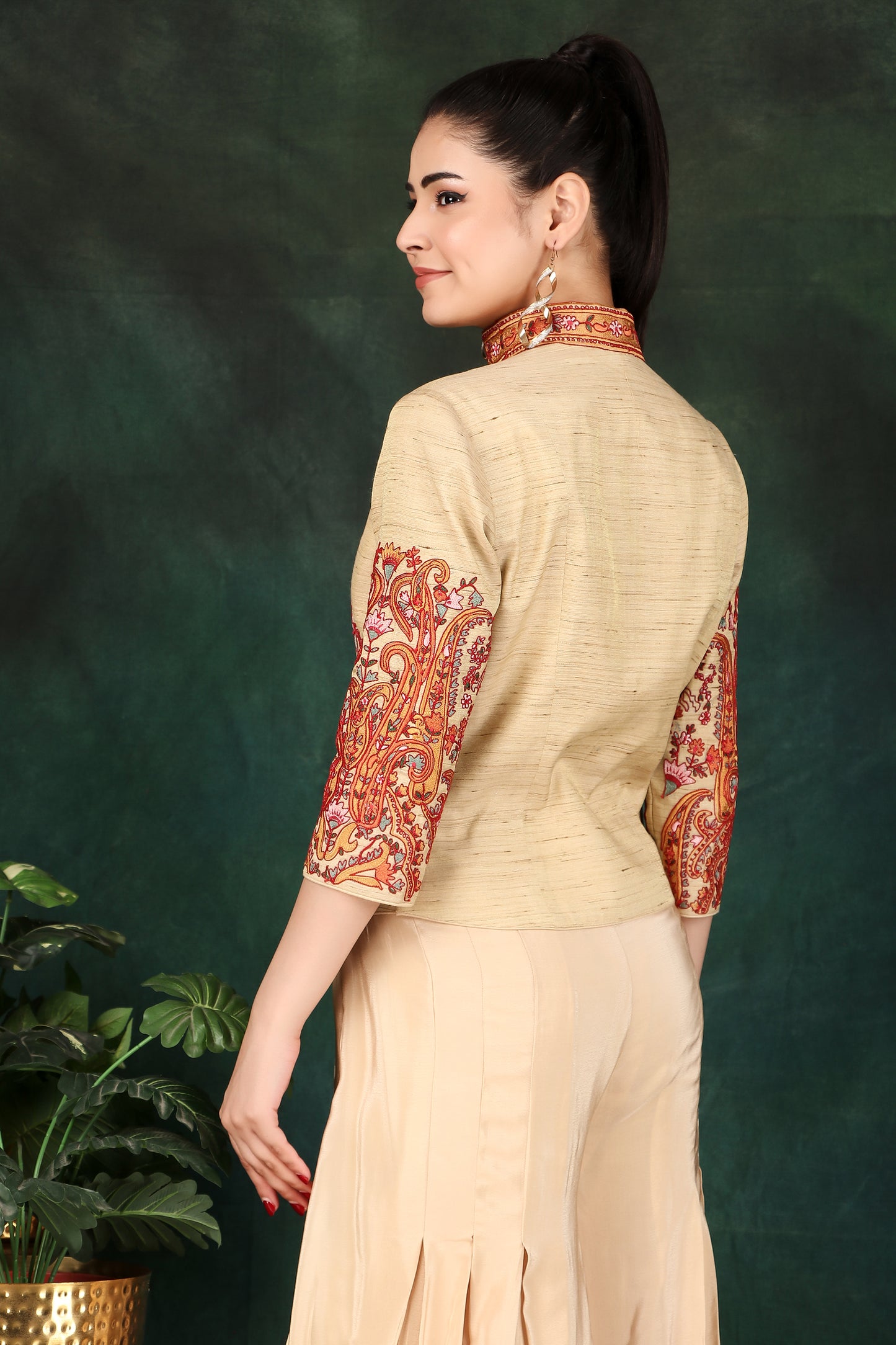 Festive Beige Jacket Top and Box Pleat Palazzo Set with Colourful Thread Work