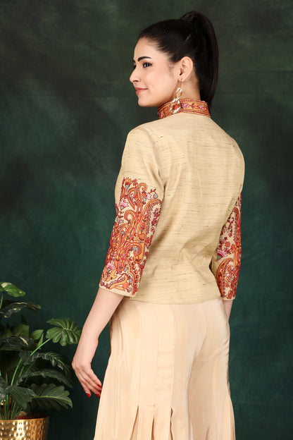Festive Beige Jacket Top and Box Pleat Palazzo Set with Colourful Thread Work