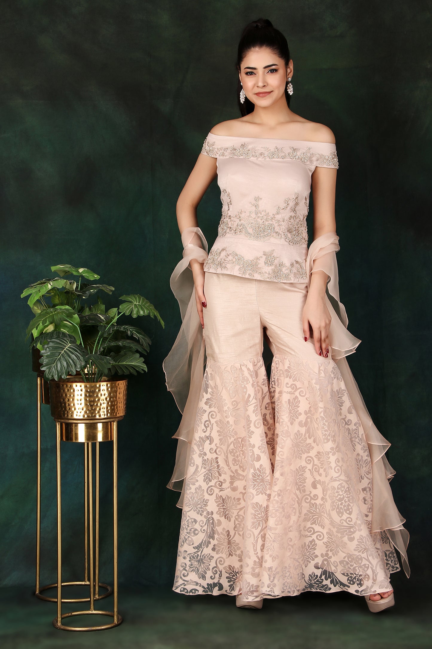 Designer Onion Pink Off-Shoulder Handcrafted Peplum Set with Organza Palazzo and Dupatta