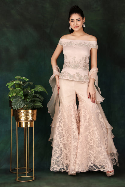 Designer Onion Pink Off-Shoulder Handcrafted Peplum Set with Organza Palazzo and Dupatta