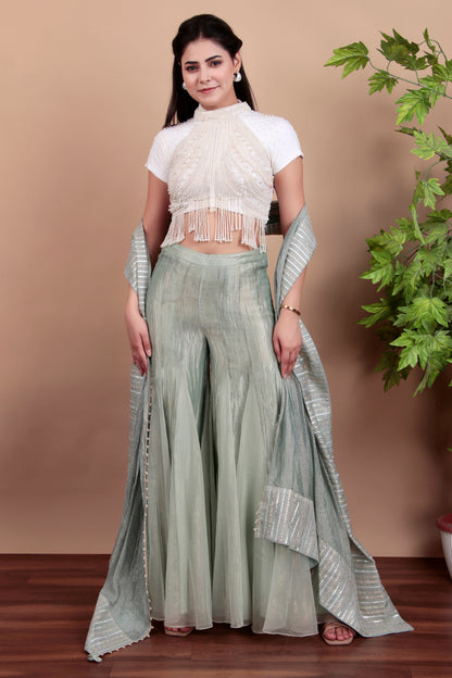 Pastel Green Fusion Plazo Saree with Hand-Embroidered Pallu and Bead-Work Blouse