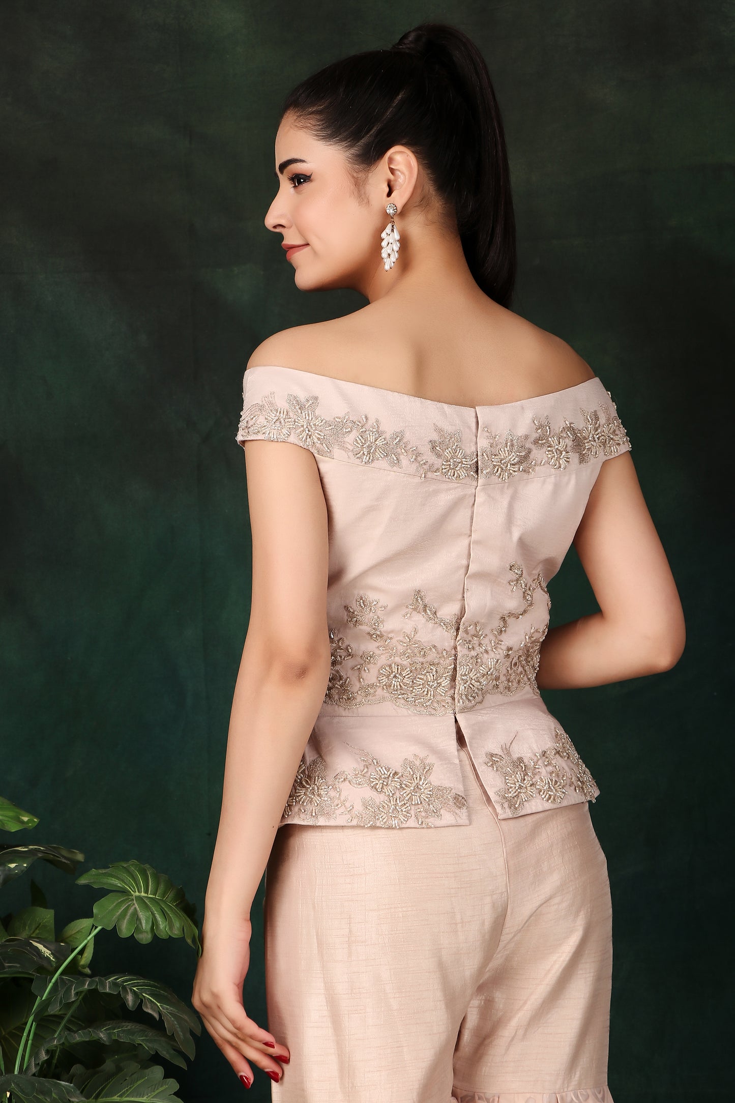 Designer Onion Pink Off-Shoulder Handcrafted Peplum Set with Organza Palazzo and Dupatta