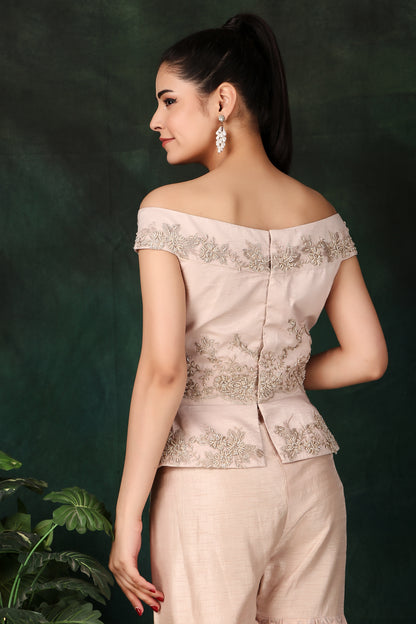 Designer Onion Pink Off-Shoulder Handcrafted Peplum Set with Organza Palazzo and Dupatta