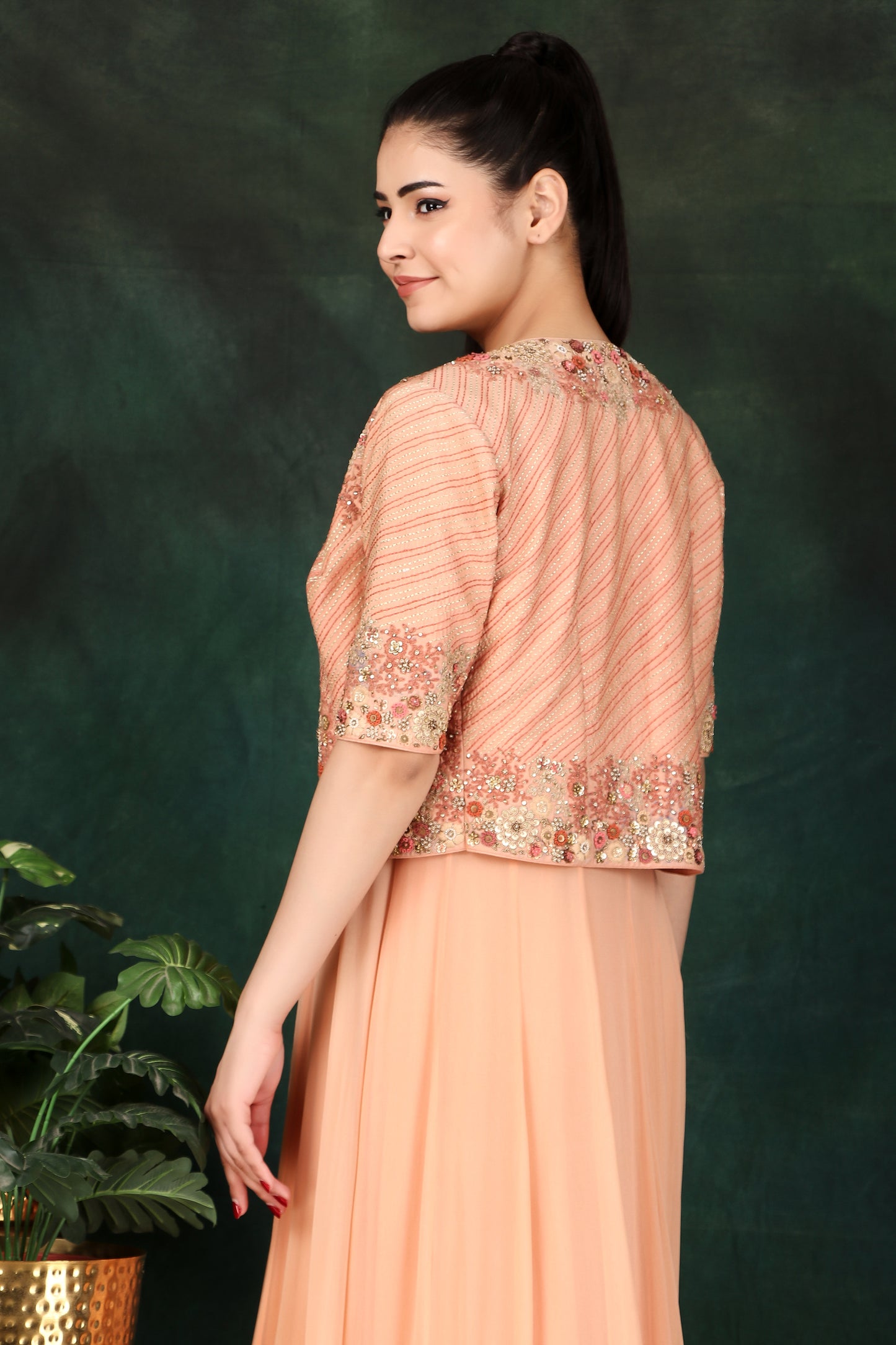 Peach Georgette Anarkali Suit with Thread, Dori & Sequin Work Jacket