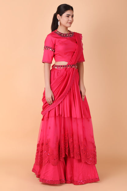 Magenta Handwork Drape Saree Set With High-Low Pallu and Belted Blouse
