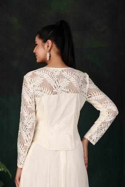 Cream Indo-Western Set with Kali Chiffon Palazzo Zardozi Corset Top And Chandelier Sleeves