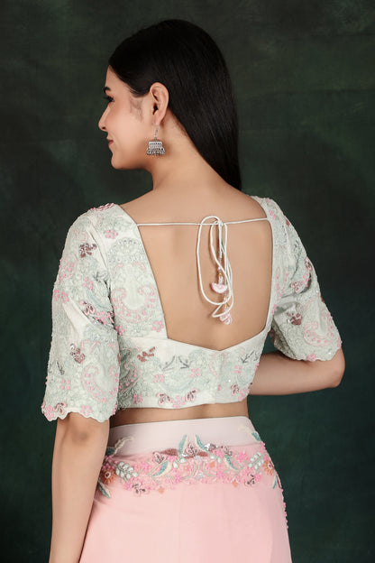 Festive Pink Saree With Detailed Pallu And Full Zaal Handwork Aqua Contrast Blouse