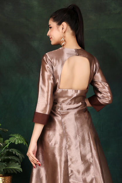 Copper Tissue Anarkali with Mirror Work Neckline and Photo Motif Front Flare