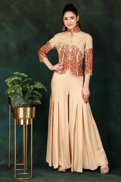 Festive Beige Jacket Top and Box Pleat Palazzo Set with Colourful Thread Work
