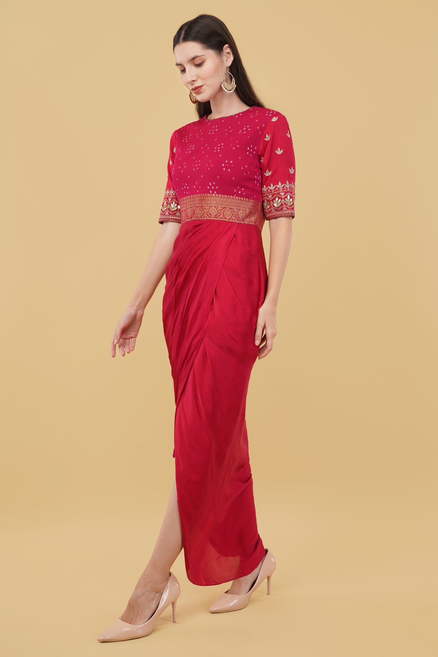 Red Drape Dress with Bandhej Yoke & Sleeves Adorned with Gotta Patti Work