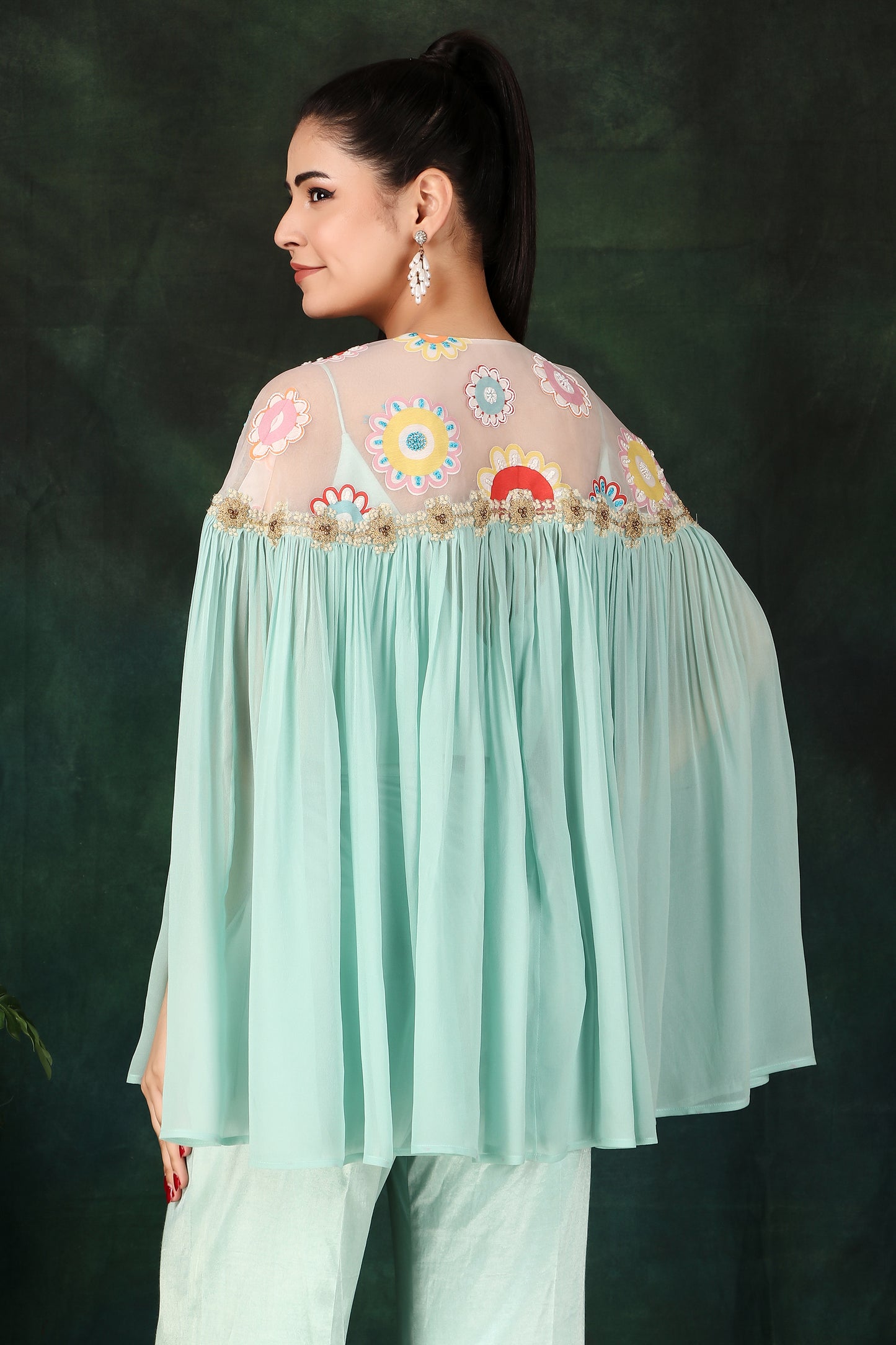 Elegant Aqua 3-Piece Indo-Western Outfit with Pearl And Cutdana Work Cape Lycra Palazzo And Bustier