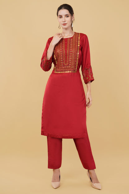 Red Suit Set with Heavy Metal Coin Work on Neckline and Sleeves