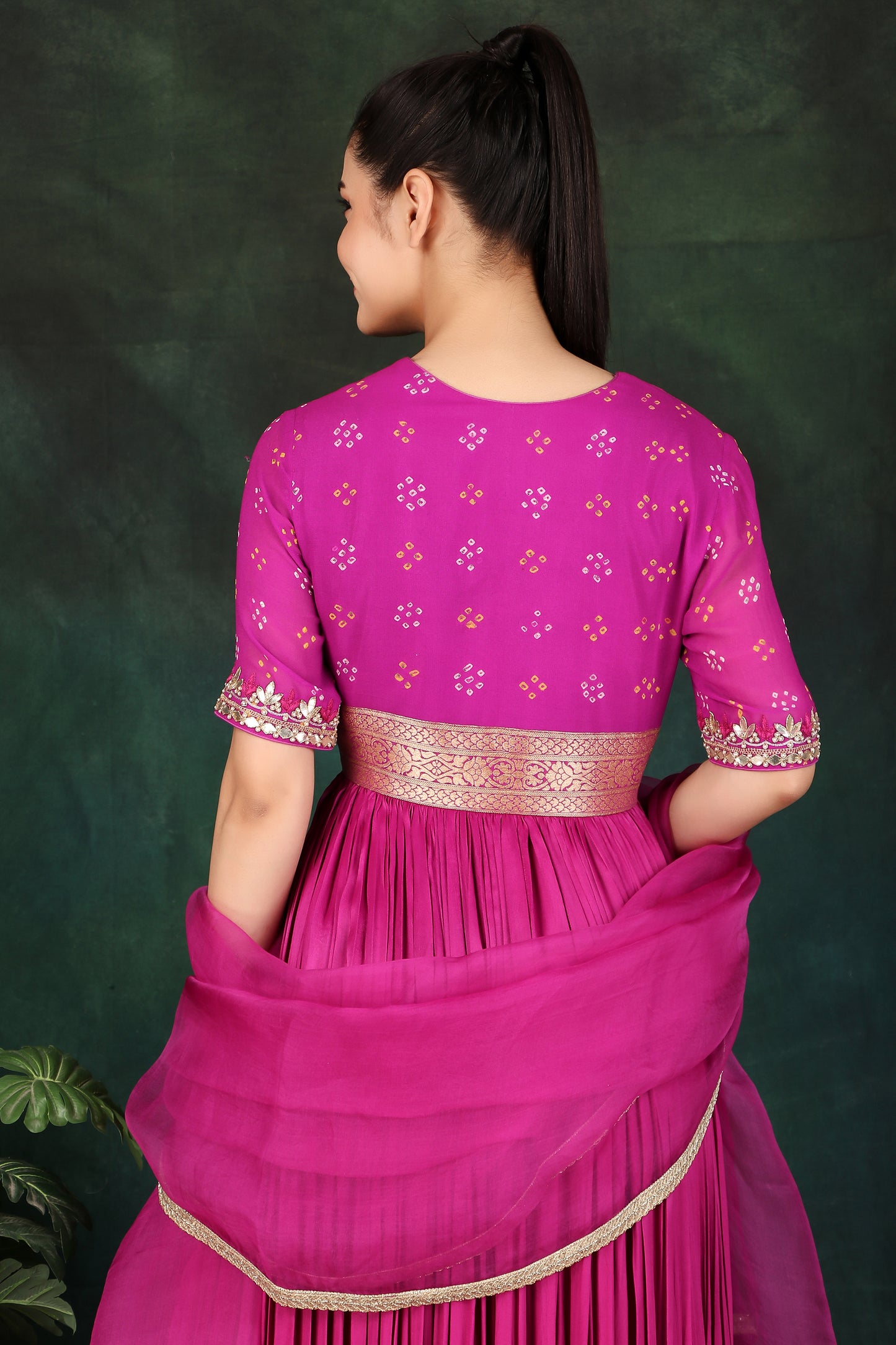 Magenta Flared Anarkali Set Featuring Gota Patti Detailing and Organza Dupatta