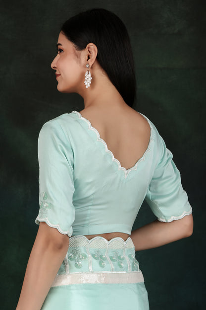 Embroidered Aqua Saree Set with Organza Skirt & Sequin-Cutdana Blouse